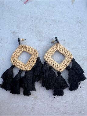 Bohemian Woven Square Drop Earrings with Black Tassels